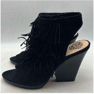 Vince Camuto Black Suede Fringe Open Toe Wedge Heel Slingback Booties